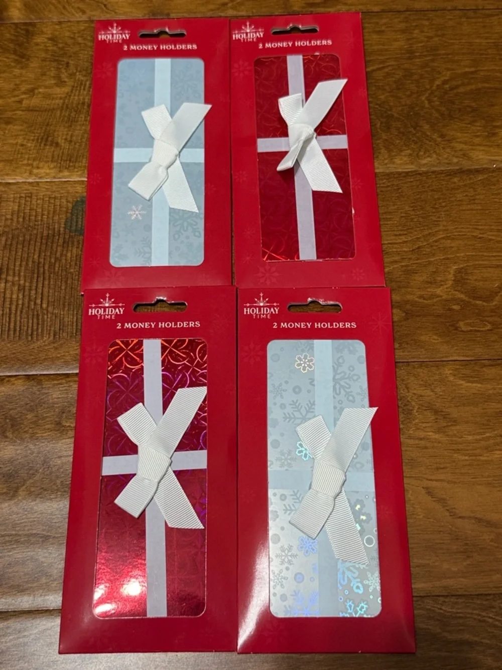NWT Bundle of 4 Holiday Time Red and Gray Gift Money Holders with White Ribbon